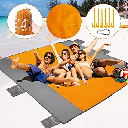 POPCHOSE Sandfree Beach Blanket, Large Sandless Beach Mat for 4-7 Adults, Waterproof Pocket Picnic Blanket with 6 Stakes, Outdoor Blanket for Travel, Camping, Hiking