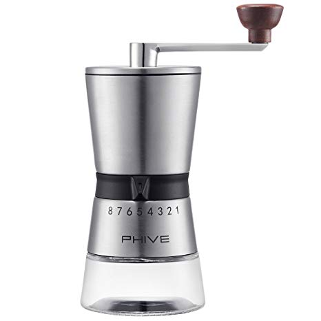 PHIVE Manual Coffee Grinder, Stainless Steel Ceramic Conical Burr Mill, 15 Coarseness Settings for Precision Brewing，Quiet and Portable