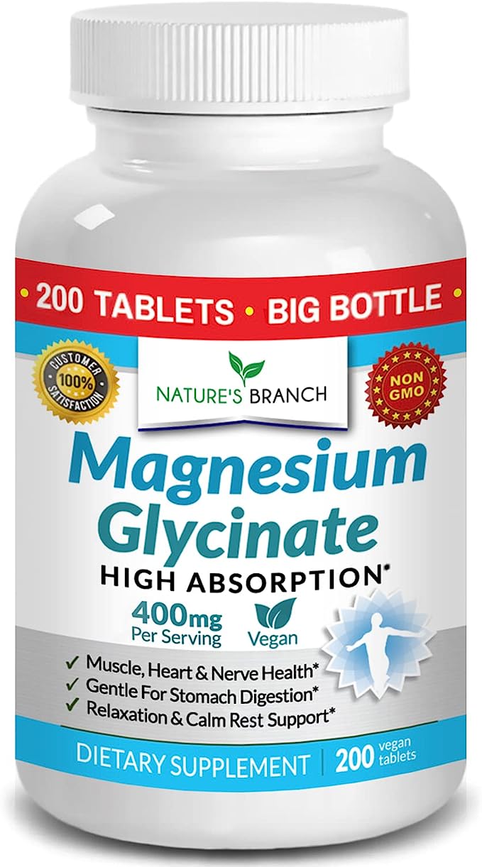 Magnesium Glycinate 400 mg - 200 Tablets - Bisglycinate Non Buffered, High Absorption Mag Supplement for Sleep, Leg Cramps, Heart, Ease Muscles, Calm Headache for Women and Men, No Powder Capsules