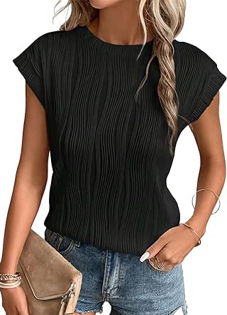 EVALESS Womens Short Sleeve Textured Tops Crewneck Knit Solid Loose Casual Basic T Shirts Tee Blouses