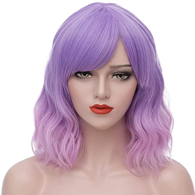Mersi Lavender Purple Wigs for Women Girls Short Wavy Cute Mixed Pink Wig with Bangs Cosplay Costume Wig for Halloween Party S042PK