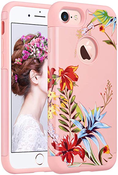 ULAK iPhone 8 & 7 Case, Slim Fit [ Dual Layer Series ] Soft Silicone & Hard Back Cover Bumper Protective Shock-Absorption & Skid-Proof Anti-Scratch Cover (Pink Tropical Flower)