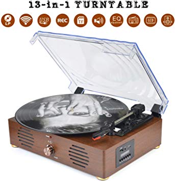 Record Player Turntable with Speakers 13-in-1 Wireless Portable LP Phonograph TF Card FM Radio with Built in Stereo Speakers USB SD 3-Speed Belt-Drive Vinyl Record Player