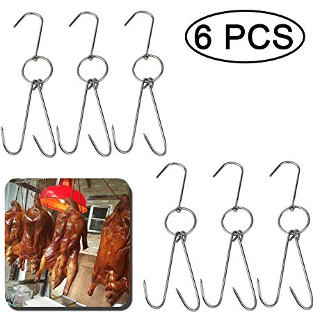 TIHOOD 6PCS 9.4" Stainless Steel Double Meat Hooks Roast Duck Bacon Shop Hook BBQ Grill Hanger Cooking Tools Accessories (9.4" X6)