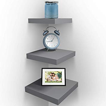 Sorbus Wall Mount Corner Shelves, Square Hanging Wall Shelves Decoration, Perfect Trophy Display, Photo Frames, Home Décor, Set of 3 (Grey)