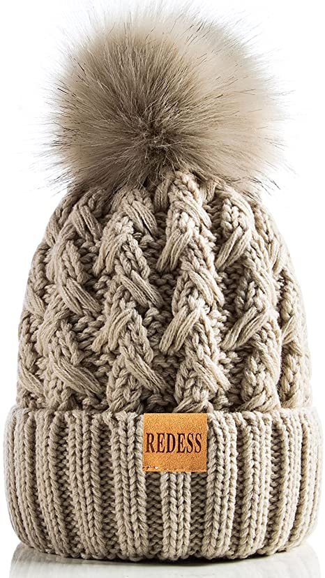 REDESS Women Winter Pompom Beanie Hat Fleece Lined Warm Hats, Thick Slouchy Snow Knit Crossed Cap for Ladies