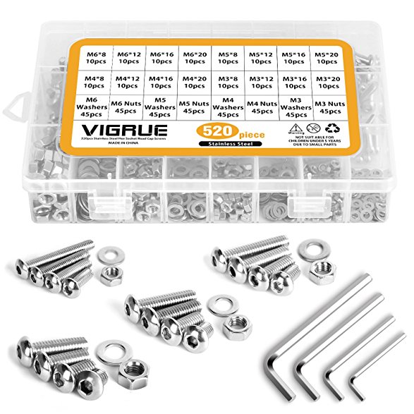 304 Stainless Steel Screw and Nut 520pcs, M3 M4 M5 M6 Button Head Socket Cap Screws Button Head Cap Screws Assortment Set Kit with Storage Box, Four Hex Wrenches Included