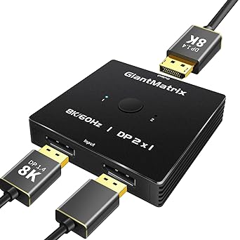 (Not Bi-Directional，8k@60HZ 4k@144HZ@240HZ DP Switch 2 in 1 Out，Display Port Splitter 2 in 1 Out ，Display Port Switch Box 2 in 1 Out，