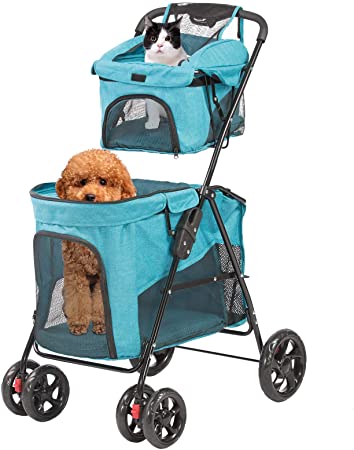 LUCKYERMORE Double Pet Stroller for 2 Dogs Cats Folding Portable Jogging Travel Carrier Cage, Grey/Blue/Pink