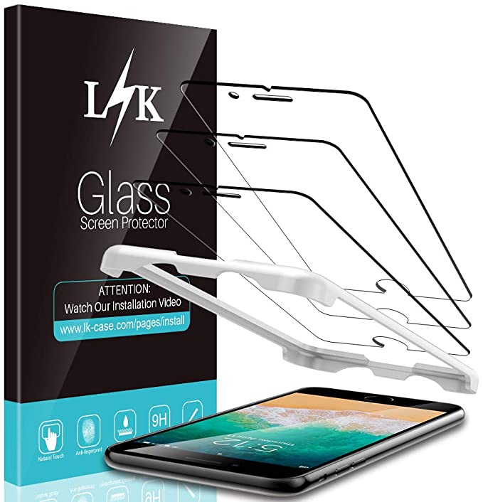 [3 Pack] L K Screen Protector for iPhone 7 Plus/iPhone 8 Plus, [Frame-Installation] Tempered Glass 9H Hardness, Lifetime Replacement Warranty