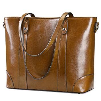 S-ZONE 15.6 Inch Leather Laptop Bag for Women Shoulder Handbag Large Work Tote