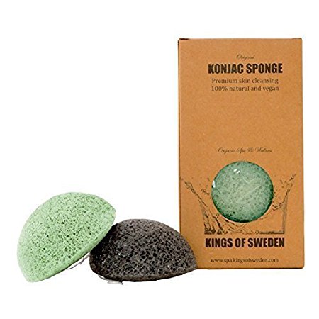 Konjac Sponge Bamboo Charcoal and Aloe Vera (Pack of 2) from Kings of Sweden - Facial cleansing sponges - 100% natural, vegan, sustainable and fully biodegradable!