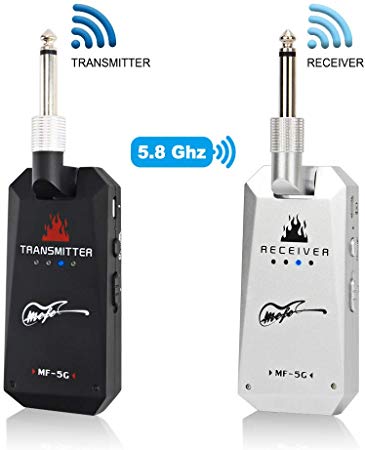 Mefe 5.8GHz Wireless Guitar System Rechargeable Audio Guitar System Digital Transmitter Receiver Set for Electric Guitar Bass (Black & Silver)