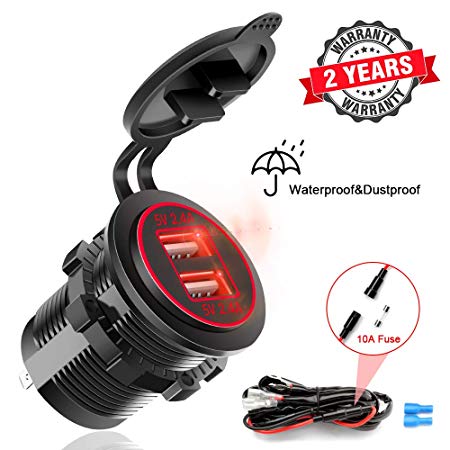 Rocketek Dual USB Socket Charger, Dual 4.8A USB Car Charger IP66 Waterproof Power Outlet for 12V/24V Car, boats and marine, motorcycle, truck, SUV, UTV. Build In 10A Fuse, Red LED Display