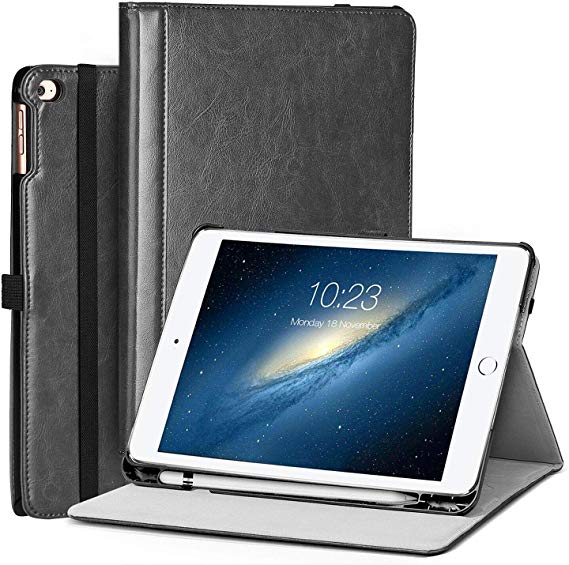 BMOUO New iPad 9.7 2018/2017 Case, Premium Leather Multi-Angle Viewing Business Folio Cover Folding Stand with Pencil Holder, Auto Wake/Sleep Case for Apple iPad 9.7 inch 2018/2017, Black