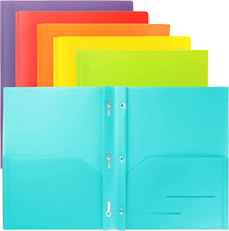 Youngever 6 Pack Heavy Duty Plastic Two Pocket Folders with 3 Prongs, Metal Prongs Fastener, Heavy Duty Plastic 2 Pocket Folder, in 6 Colors