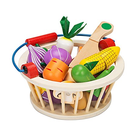 Victostar Magnetic Wooden Cutting Fruits Vegetables Food Play Toy Set With Basket for Kids (Vegetables)