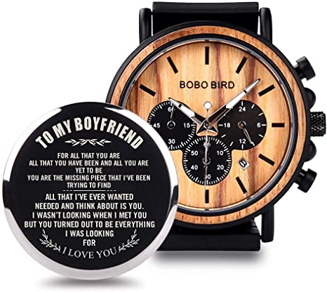 BOBO BIRD Mens Personalized Engraved Wooden Watches, Stylish Wood & Stainless Steel Combined Quartz Casual Wristwatches for Men Family Friends Customized Gift