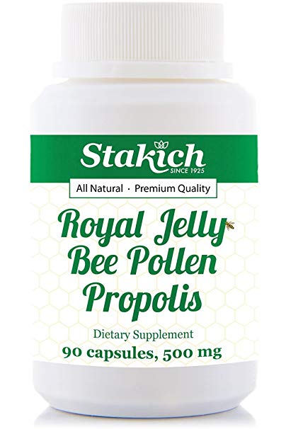 Stakich Royal Jelly BEE Pollen Propolis Capsules (90 CAPS, 500 MG) - Top Quality -