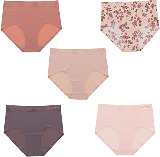 Marilyn Monroe Intimates Women's Sexy Seamless Underwear, Hi-Rise Brief Panties (5Pr) (X-Large, Pink Mauve Floral Animal Print)