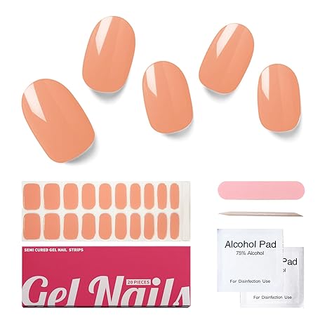 Semi Cured Gel Nail Strips, 20 PCS Gel Nail Stickers Work with UV Light, Gel Nail Wraps, Salon Quality & Easy To Use - Light Nude