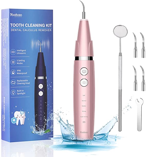 Plaque Remover for Teeth, Yoobao Ultrasonic Electric Tooth Cleaner with 4 Replaceable Heads and 1 Oral Mirror, Dental Tools Calculus Tartar Remover, 4 Modes, USB Charge, Safe for Adult Kids-Pink