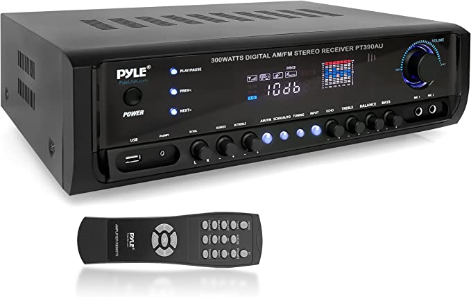 Home Audio Power Amplifier System - 300W 4 Channel Theater Power Stereo Sound Receiver Box Entertainment w/USB, RCA, AUX, Mic w/Echo, LED, Remote - for Speaker, iPhone, PA, Studio - Pyle PT390AU.5