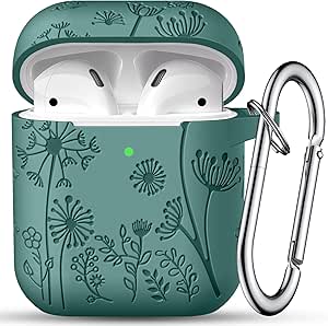 Maledan Flower Engraved Case Compatible with AirPods Case Cover, Cute Soft Silicone Shockproof Protective Airpods 2nd & 1st Generation Case with Carabiner [Front LED Visible] for Women,A-PineGreen