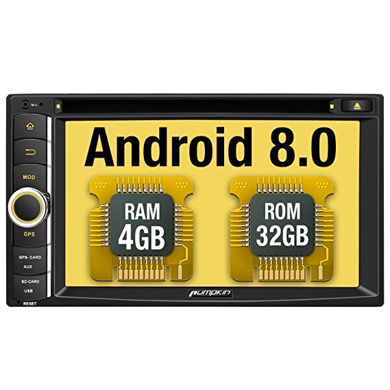 PUMPKIN Android 8.0 Car Stereo Head Unit Double Din 4GB RAM Sat Nav Bluetooth Support CD DVD Audio GPS DAB  WiFi Android Auto AUX 128GB USB SD 6.2" Touch Screen