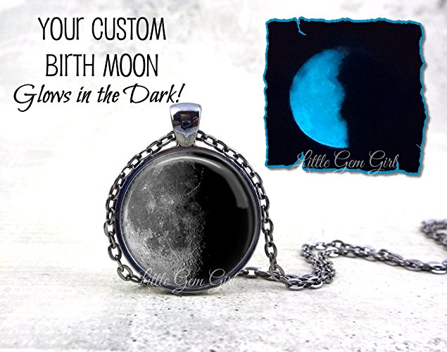 Your Custom Birth Moon Glow in the Dark Necklace or Key Chain Charm - Glowing Personalized Birthday Moon Phase Pendant in 5 Metal Finishes includes UV Charging Flashlight