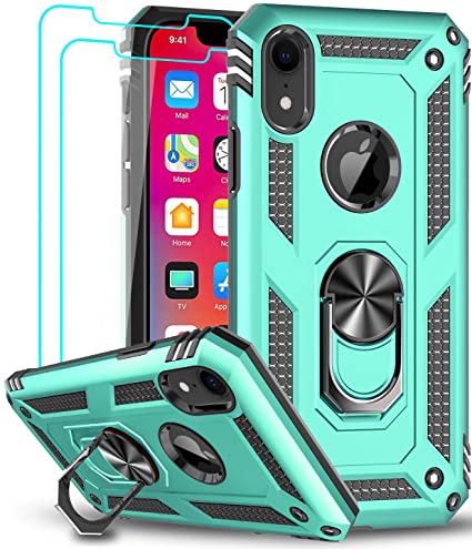 LeYi Compatible for iPhone XR Case with [2PCS] Tempered Glass Screen Protector for Women Men Teens, [Military-Grade] Protective Phone Case with Ring Kickstand for Apple iPhone XR 10 10 XR，Mint