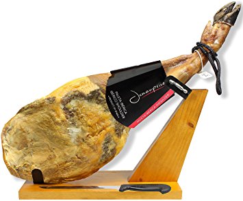 Iberico Ham (shoulder) Grass-fed Bone in from Spain 10.6 - 11.8 lb   Ham Stand   Knife | Jamon Iberico Pata Negra All Natural with Mediterranean Sea Salt & NO Nitrates or Nitrites