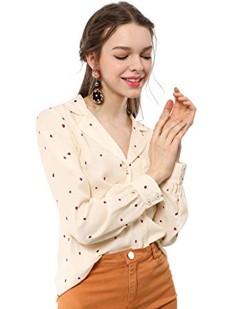 Allegra K Women's Heart Polka Dots Button Up Notched Lapel V Neck Shirt Tops