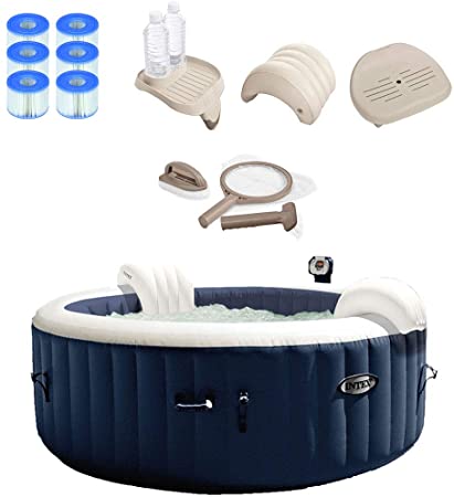 Intex 28405E PureSpa 4 Person Home Outdoor Inflatable Portable Heated Round Hot Tub Bubble Jet Spa 58-inch x 28-inch with 6 Filter Cartridges, Seat, Headrest, Drink Holder Tray and Maintenance Kit