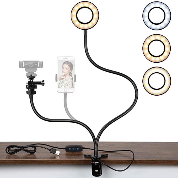 Pipishell Webcam Holder With Ring Light, 3 Color 10 Brightness Levels, Webcam Light for Most Cell Phones and Webcam for Logitech C920, C922, C930, Etc, Perfect for Tik Tok, Makeup Fhotography, etc.