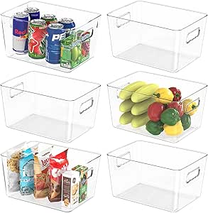 BALEINE Refrigerator Organizers and Storage Bins, 6 PK Plastic Clear Storage Bins, BPA Free Freezer Organizer Stackable Storage Bins with Handles for Fridge Kitchen Cabinet Bathroom (10.5x6x5)