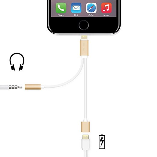 2 in 1 Lightning Adapter for iPhone 7, Charger and 3.5mm Earphone Jack Cable Adapter (No Music Control) for the iPhone 7 7 Plus 6S 6 iPod iPad Gift iPhone Case (Gold)