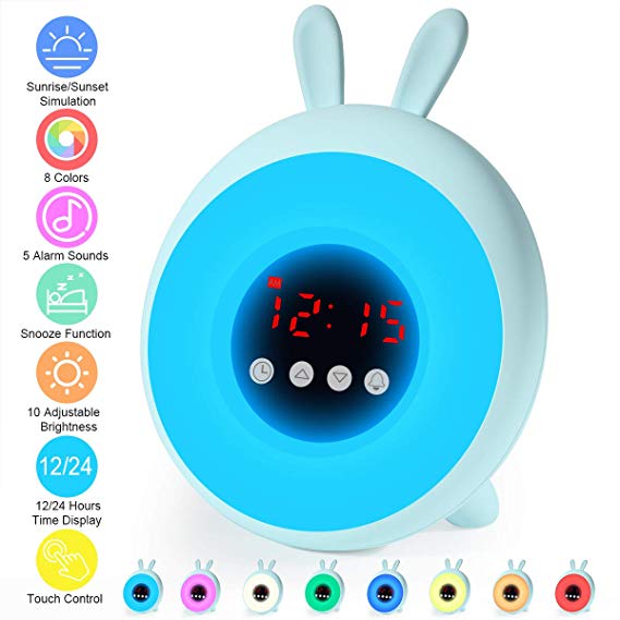CrazyFire Sunrise Alarm Clock,Kids Alarm Clock with Sunrise/Sunset Simulation,8 Colors,5 Alarm Sounds and Touch Control,Wake up Light Alarm Clocks for Bedrooms,Festival