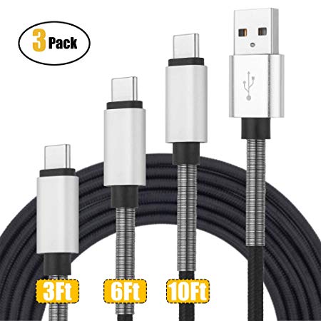 CyvenSmart USB C Cable, 3 Pack (3ft, 6ft, 10ft) USB to USB-C 3A Fast Charger Nylon Braided Charging Cord Compatible with Samsung Galaxy Note 9 S9 S8 Plus Note 8, LG V30 G6 G5, Pixel, Nintendo Switch