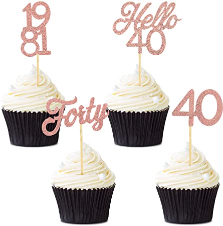 Zonon 48 Pieces 40th Birthday Cupcake Toppers Set Glitter Hello 40 Cake Toppers Forty Birthday Cake Decorations for 40th Anniversary Birthday Party Wedding Decorations (Rose Gold)