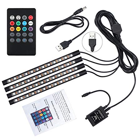 Car LED Strip Lights Justech 4pcs 48 LED Multicolor Music Car Interior Atmosphere Lights RGB SMD Car Mood Lights with Sound Active Function and Wireless Remote Control for Car TV Home-USB Port