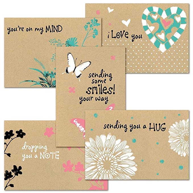 Thinking of You Kraft Greeting Card Value Pack - Set of 20 (5 designs), Large 5" x 7" Friendship Cards with Sentiments