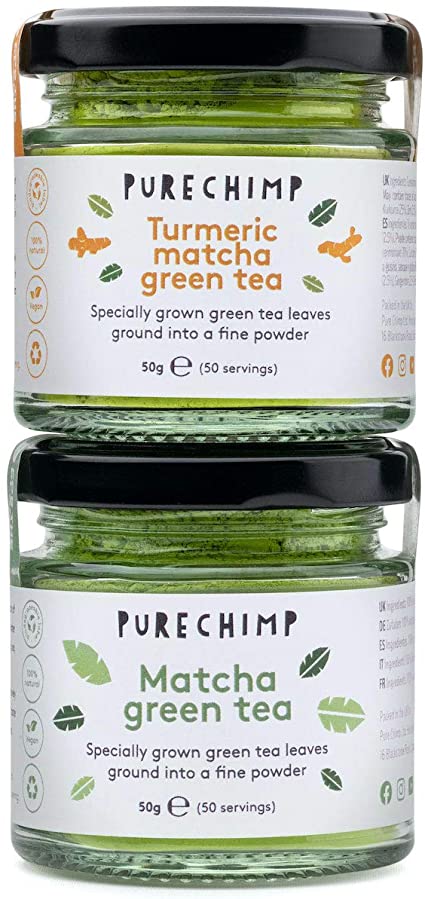 Matcha Tea Powder by PureChimp | Regular/Lemon/Mint/Turmeric 50g Jars [Packs of 2] Duos | Ceremonial Grade from Japan | All Natural & Vegan | Pesticide-Free (1 x Regular & 1 x Turmeric)
