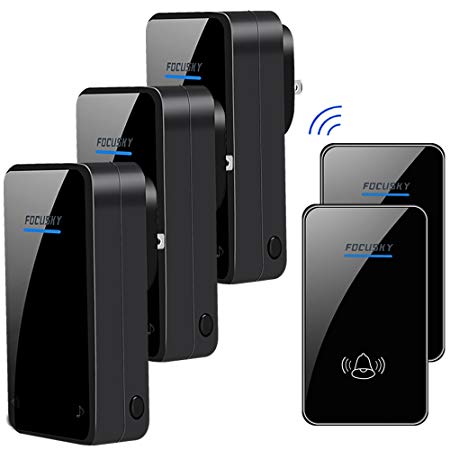 Wireless Doorbell,2 Push Buttons and 3 Plugin Receivers,Door Chime Kit with 1000 Feet Long Range,6 Volume Levels and 48 Ringtones,No Battery Required for Receiver(Black)