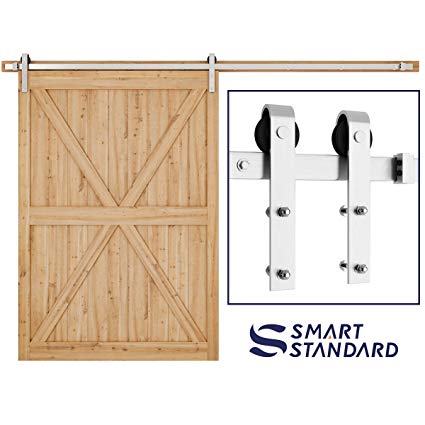 SMARTSTANDARD 10FT Heavy Duty Sliding Barn Door Hardware Kit Double Rail, Stainless Steel, Super Smoothly and Quietly, Simple and Easy to Install Fit 60" Wide DoorPanel (J Shape Hanger)