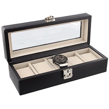 Dulwich Designs Connoisseur Collection Black Leather 5 Piece Watch Box with Suede Feel Lining Perfect For Breitling Omega Cartier Rolex Tag Heuer Tissott Longines Rotary etc