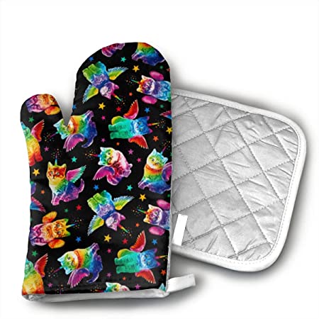 Rainbow Unicorn Cats Black Oven Mitts and Potholders (2-Piece Sets) - Kitchen Set with Cotton Heat Resistant,Oven Gloves for BBQ Cooking Baking Grilling