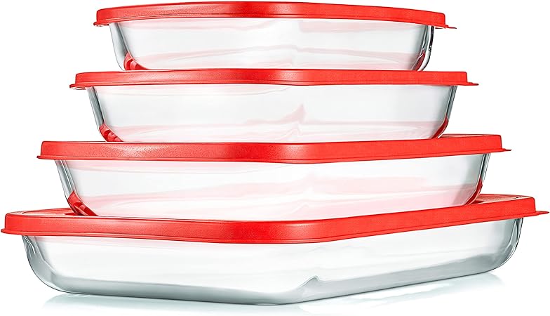 NutriChef 4 Sets Glass Bakeware - High Borosilicate Rectangular Glass Baking Dish w/Red BPA-Free PE Lids, Freezer-to-Oven Home Kitchen Bake Casserole Food Storage Stackable Tray Pan, Dishwasher Safe