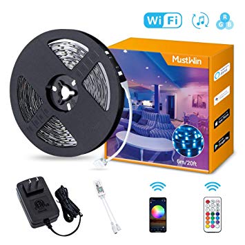 MustWin Wi-Fi LED Strip Light with Remote 5050 20ft, 24V DC 16 Million Colors Changing, 180 LEDs Lighting with Music Sync, Smart App Ribbon Light Works with Alexa and Google Home, ETL Approved Adapter