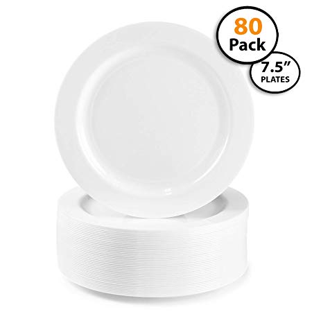 80 Pack | Quality Heavyweight Plastic Plates, Disposable, China Look, Hard Plastic Plate. Wedding and Party Dinnerware,White Pearl, 7.5 inch,